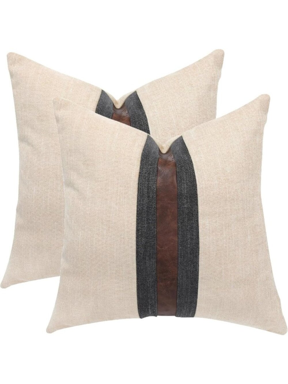 Set of 2 Beige Leather Throw Pillow Covers - Cotton Linen Patchwork Decor 20x20